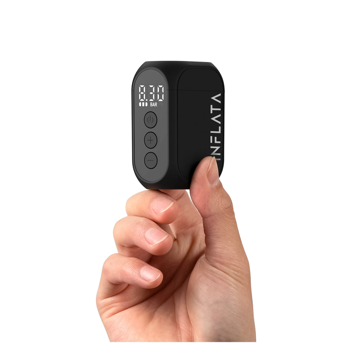 INFLATA Pro S held between two fingers to show its pocket size