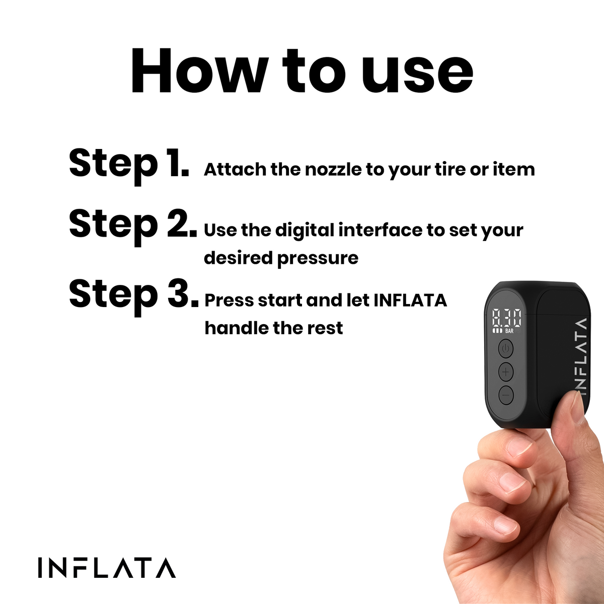 How to use the INFLATA Pro S: attach the nozzle, set the pressure on the display, press start